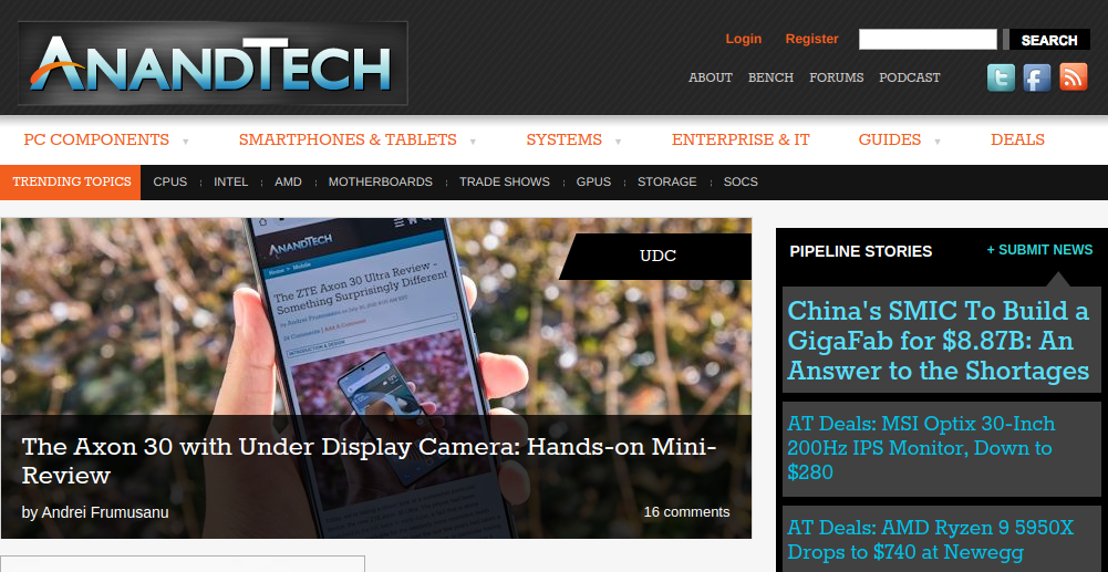 Desktop view of AnandTech homepage