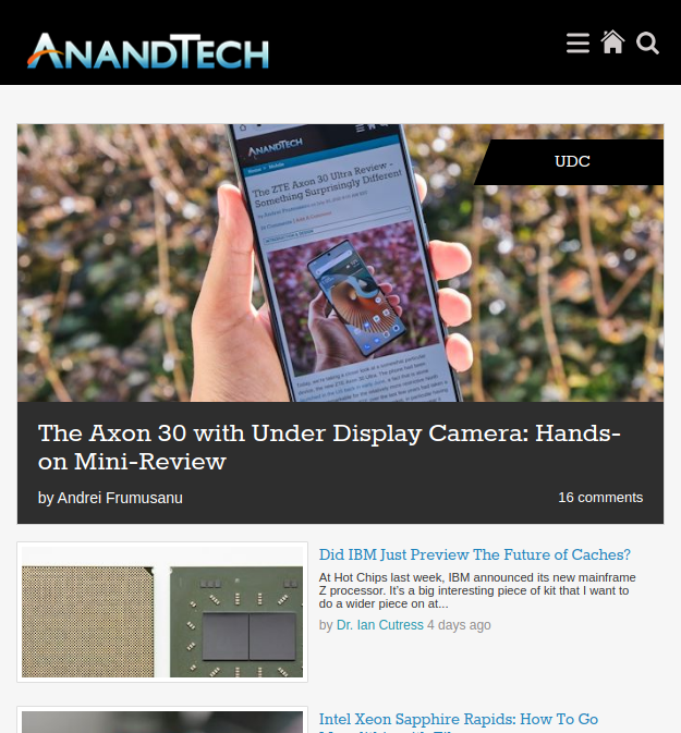 Tablet view of AnandTech homepage